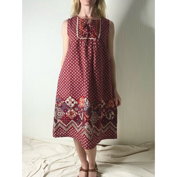 VINTAGE 1960's Bohemian Red Patchwork Ric Rac Dress SMALL - Picture 1 of 16